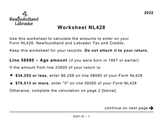 Document preview: Form 5001-D Worksheet NL428 Newfoundland and Labrador (Large Print) - Canada, 2022