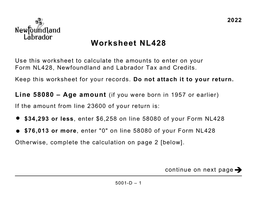 Form 5001-D Worksheet NL428 Newfoundland and Labrador (Large Print) - Canada, 2022