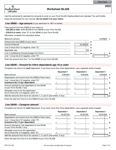 Form 5001-D Worksheet NL428 2022 Printable Pdf