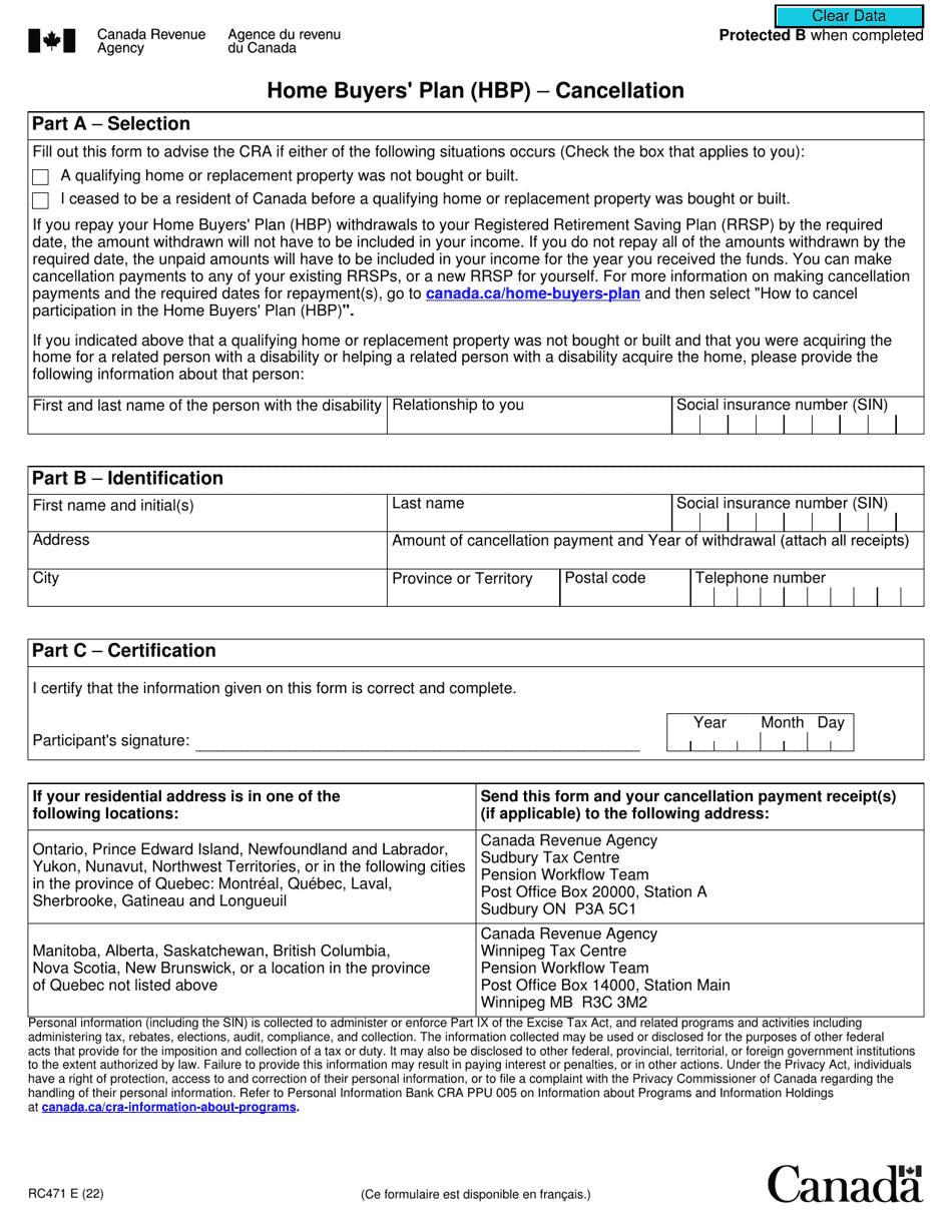 Form RC471 Home Buyers Plan (Hbp) - Cancellation - Canada, Page 1