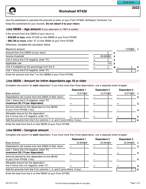 Form 5012-D Worksheet NT428 2022 Printable Pdf