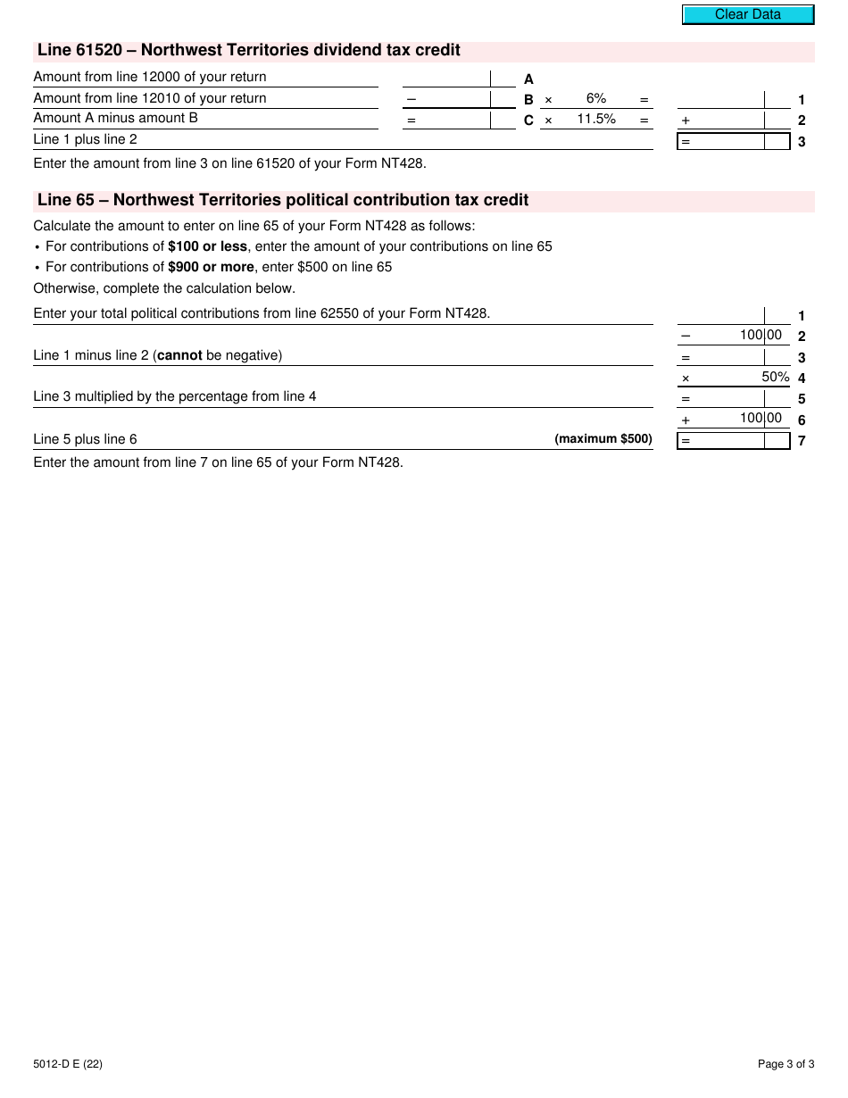 Form 5012-D Worksheet NT428 Northwest Territories - Canada, Page 3