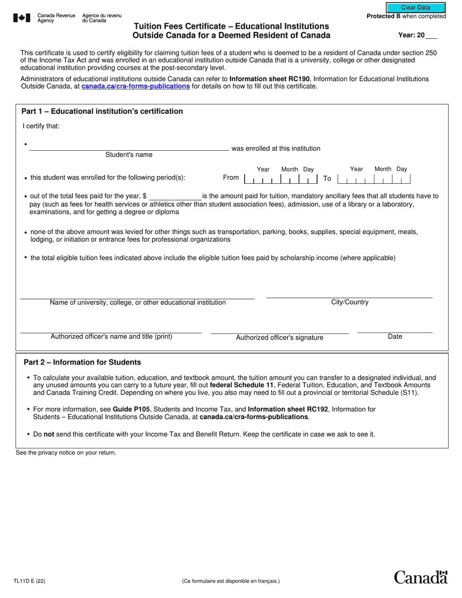 Form TL11D Tuition Fees Certificate - Educational Institutions Outside Canada for a Deemed Resident of Canada - Canada, Page 1