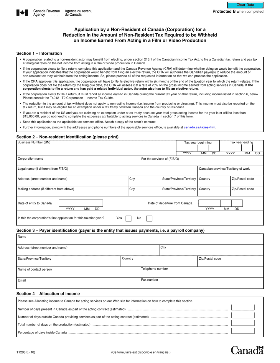 Form T1288 Application by a Non-resident of Canada (Corporation) for a Reduction in the Amount of Non-resident Tax Required to Be Withheld on Income Earned From Acting in a Film or Video Production - Canada, Page 1