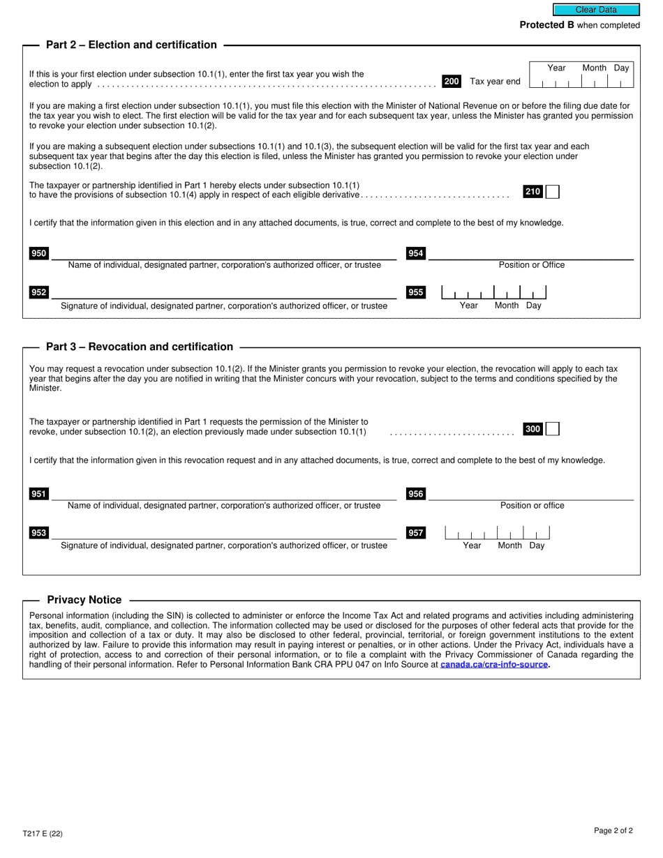 Form T217 Election or Revocation of an Election to Use the Mark-To-Market Method - Canada, Page 2