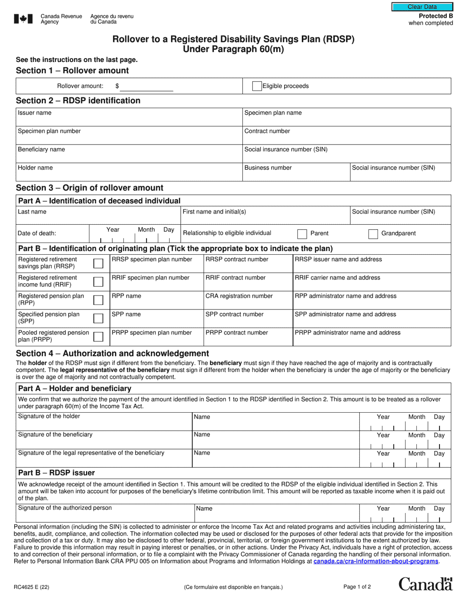 Form RC4625 Rollover to a Registered Disability Savings Plan (Rdsp) Under Paragraph 60(M) - Canada, Page 1
