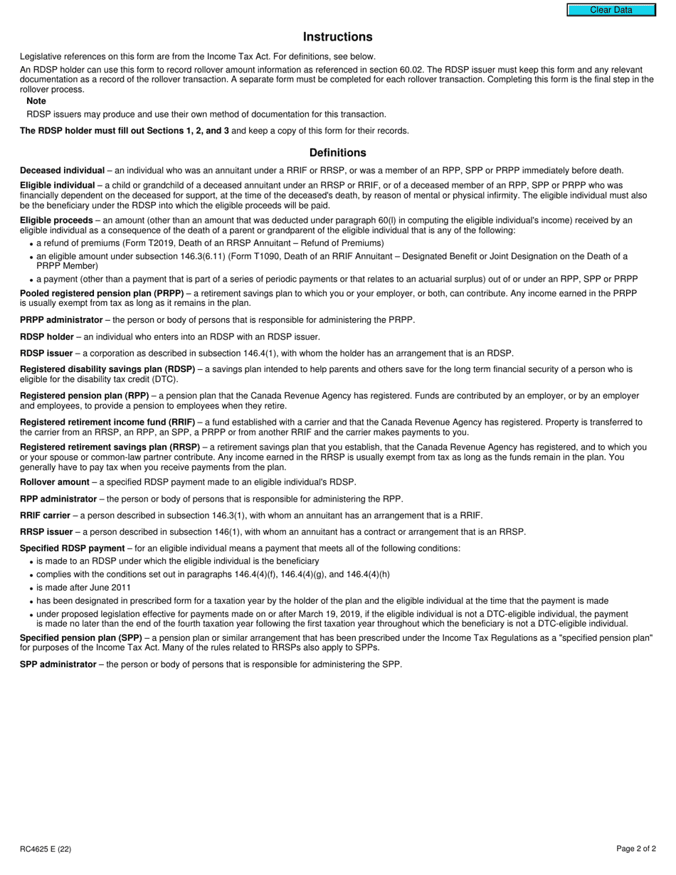 Form RC4625 Rollover to a Registered Disability Savings Plan (Rdsp) Under Paragraph 60(M) - Canada, Page 2