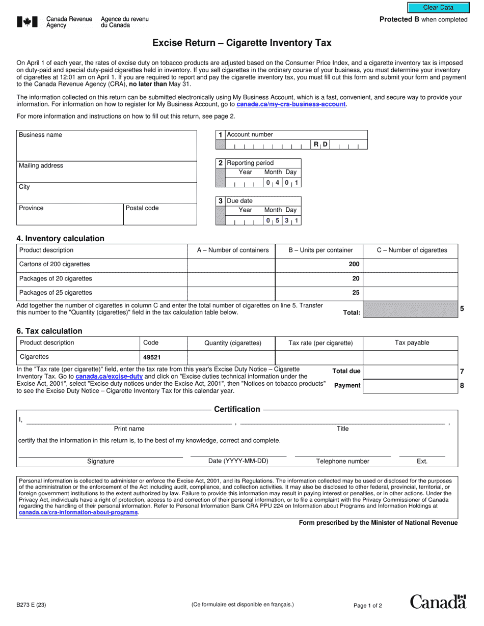 Form B273 Excise Return - Cigarette Inventory Tax - Canada, Page 1