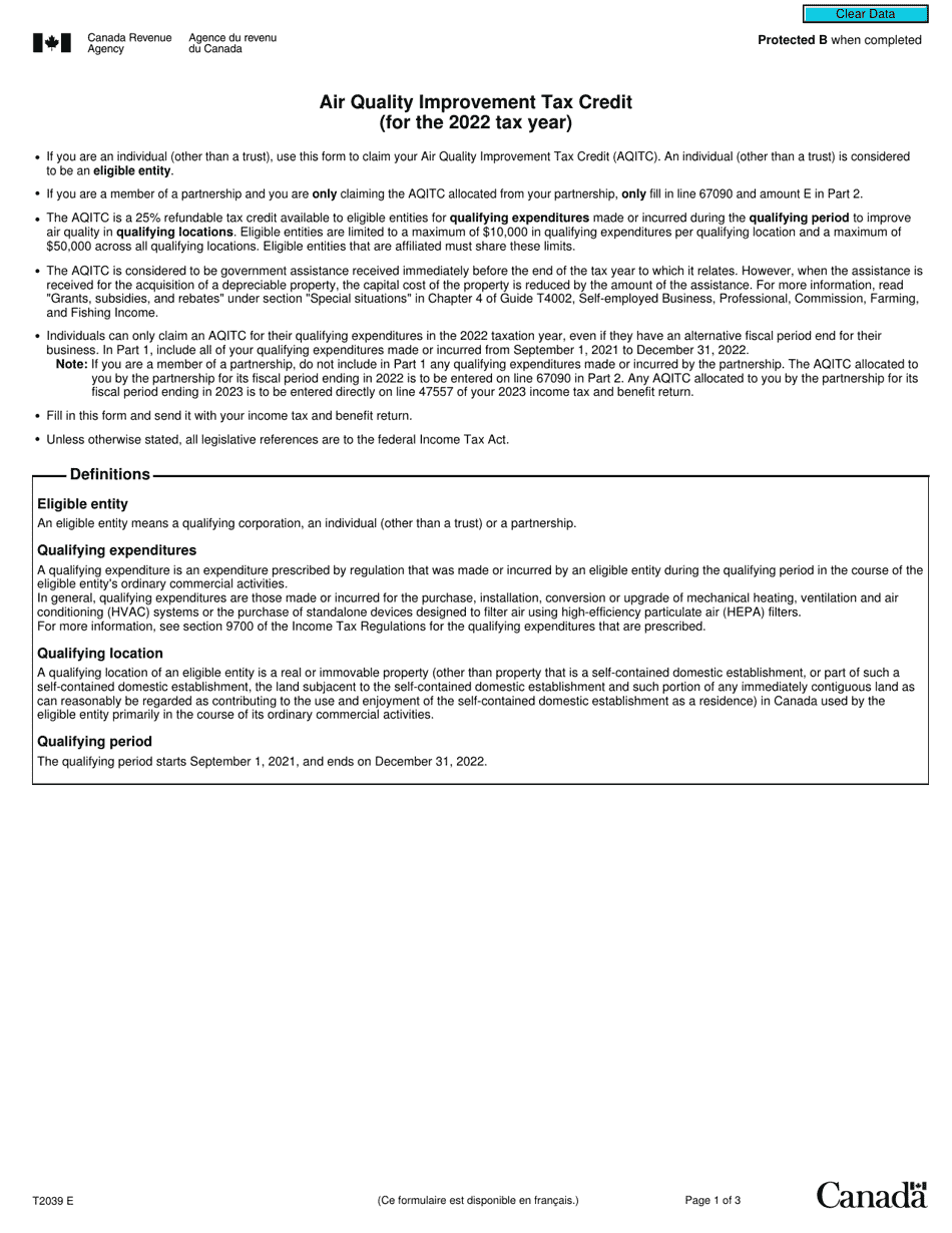 Form T2039 Air Quality Improvement Tax Credit - Canada, Page 1
