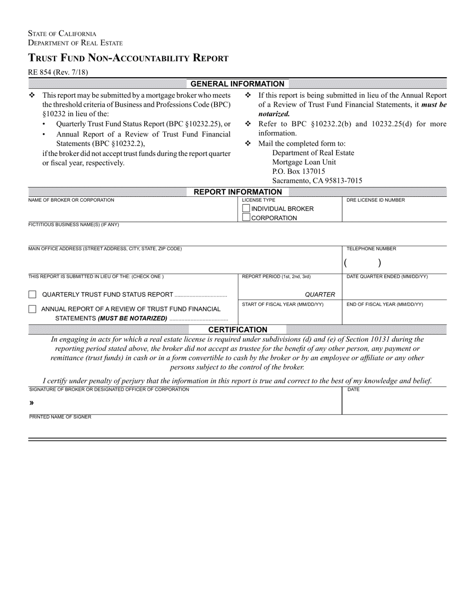 Form RE854 Trust Fund Non-accountability Report - California, Page 1