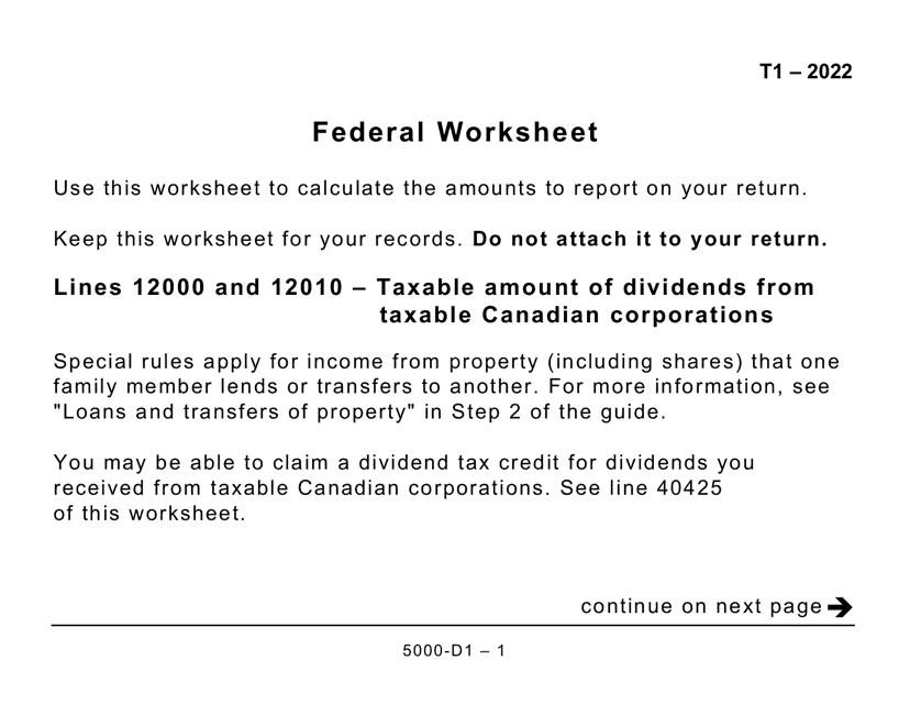 Form 5000-D1 Federal Worksheet - Large Print - Canada, 2022