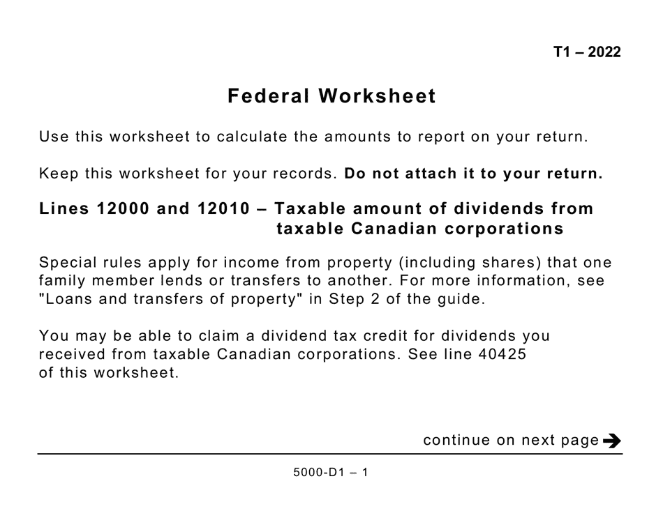 Form 5000-D1 Federal Worksheet - Large Print - Canada, Page 1