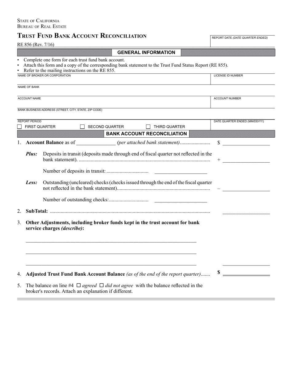Form RE856 Trust Fund Bank Account Reconciliation - California, Page 1