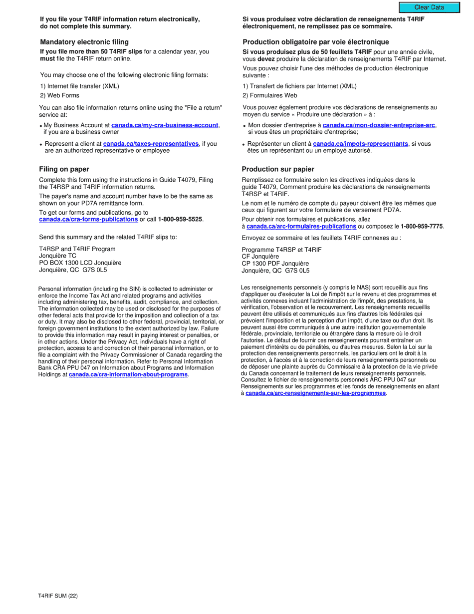 Form T4RIF SUM Summary - Canada (English / French), Page 2