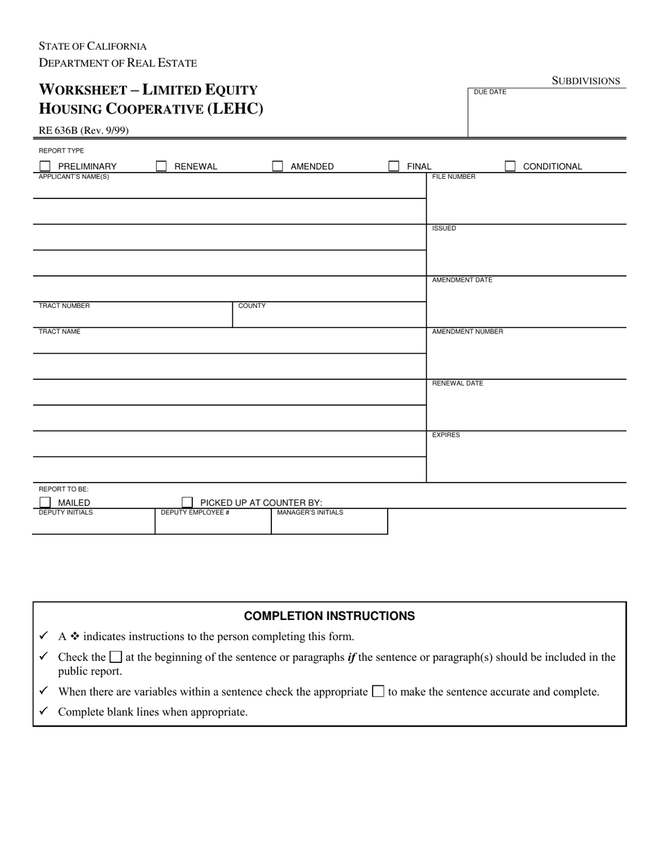 Form RE636B Worksheet - Limited Equity Housing Cooperative (Lehc) - California, Page 1