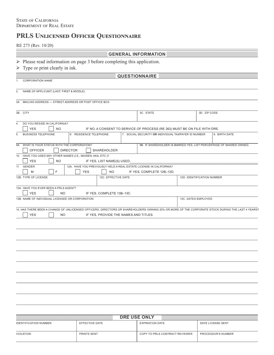 Form RE273 Prls Unlicensed Officer Questionnaire - California, Page 1