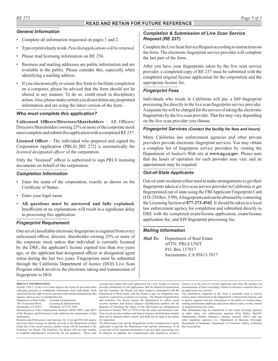 Form RE273 Prls Unlicensed Officer Questionnaire - California, Page 3