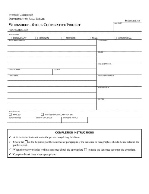 Form RE636A Worksheet - Stock Cooperative Project - California