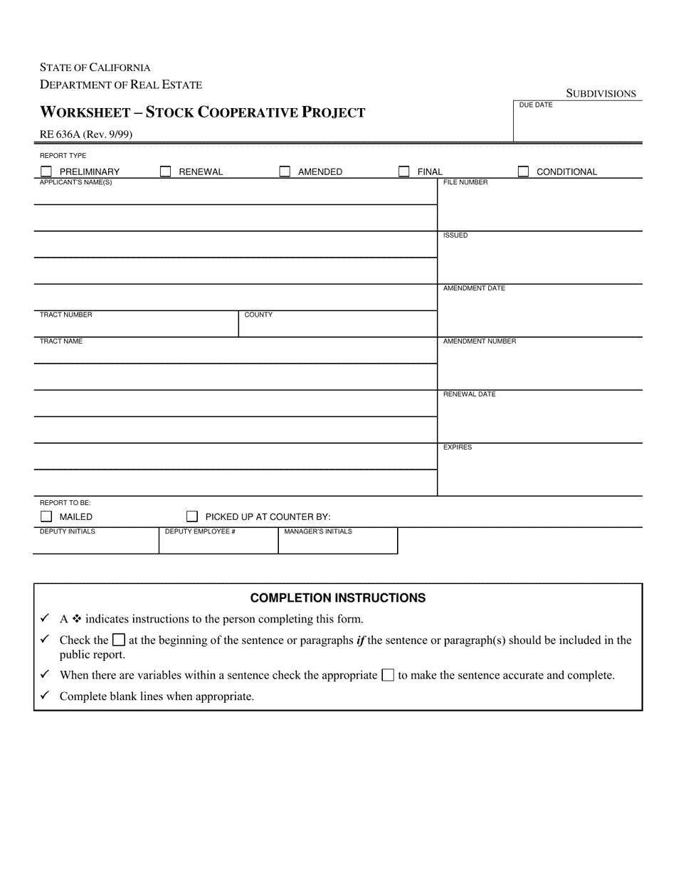 Form RE636A Worksheet - Stock Cooperative Project - California, Page 1