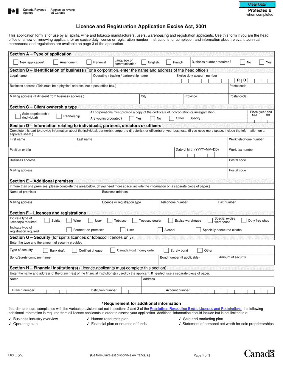 Form L63 Licence and Registration Application Excise Act, 2001 - Canada, Page 1