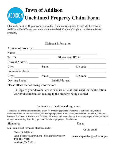 Unclaimed Property Claim Form - Town of Addison, Texas Download Pdf