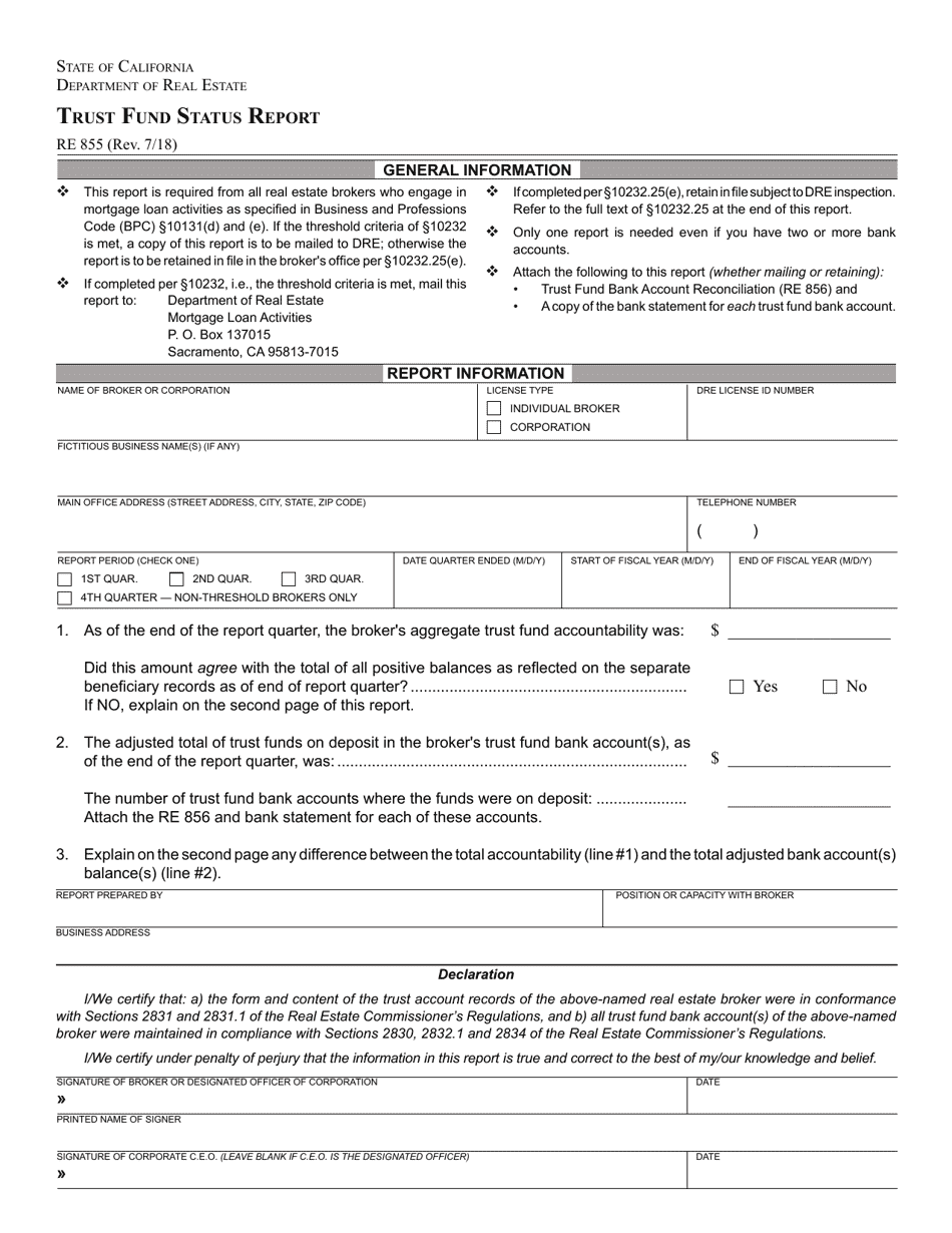 Form RE855 Trust Fund Status Report - California, Page 1