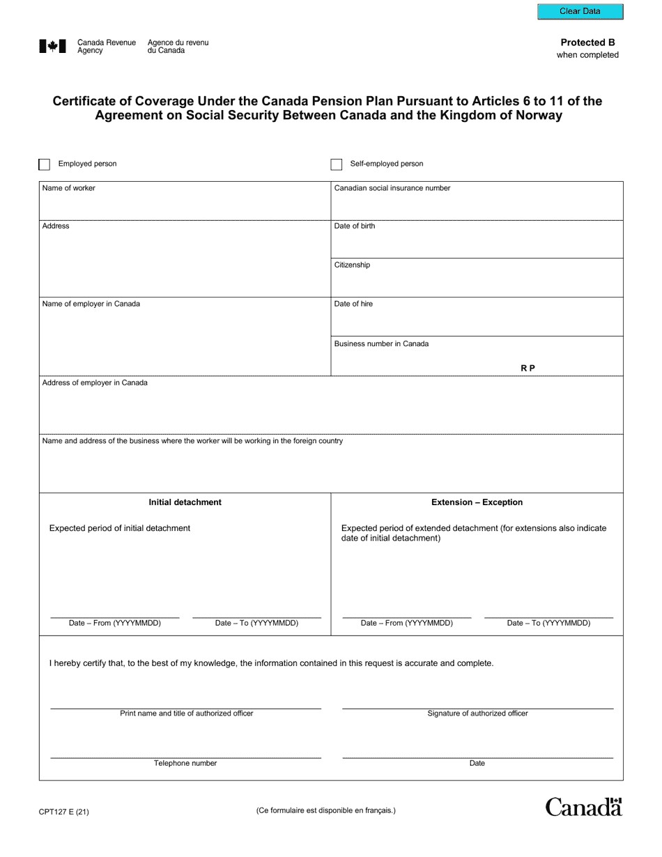 Form CPT127 Certificate of Coverage Under the Canada Pension Plan Pursuant to Articles 6 to 11 of the Agreement on Social Security Between Canada and the Kingdom of Norway - Canada, Page 2