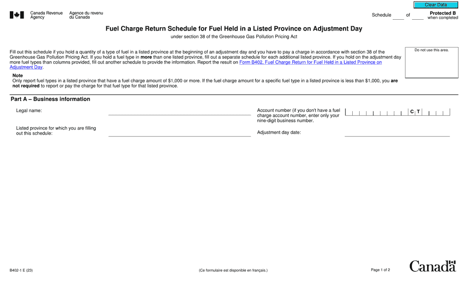 Form B402-1 Fuel Charge Return Schedule for Fuel Held in a Listed Province on Adjustment Day - Canada, Page 1