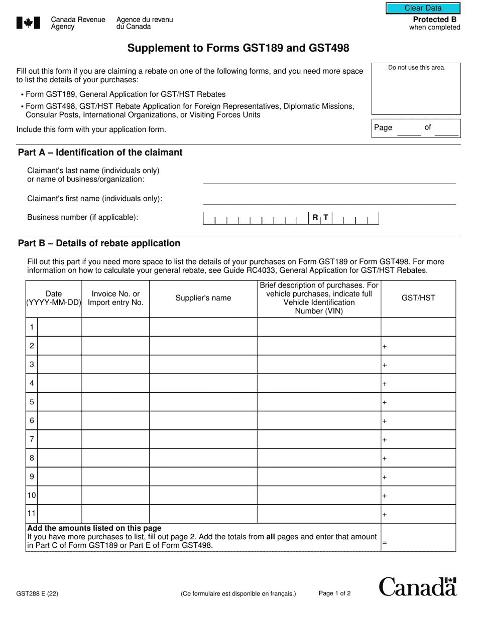 Form GST288 Supplement to Forms Gst189 and Gst498 - Canada, Page 1