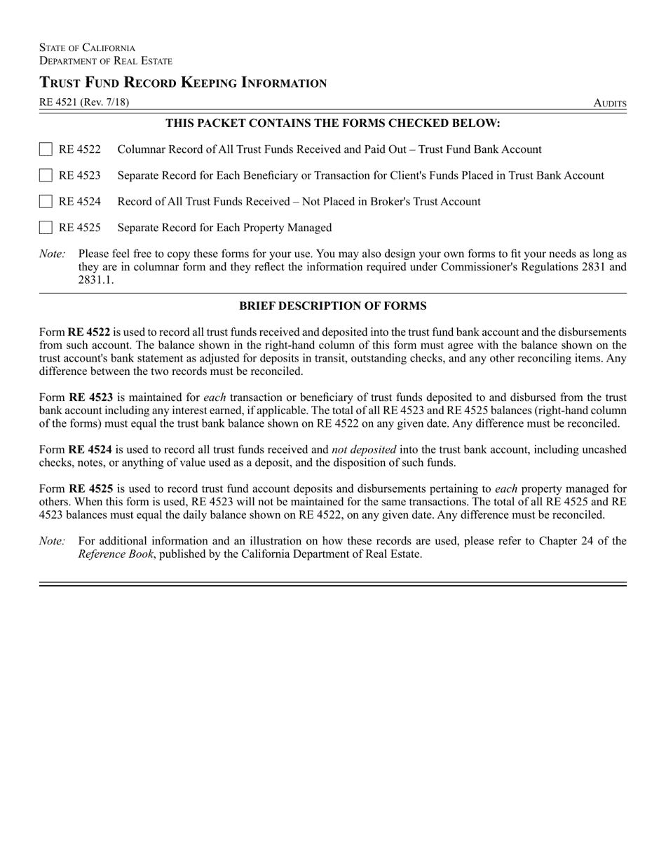Form RE4521 Trust Fund Record Keeping Information - California, Page 1