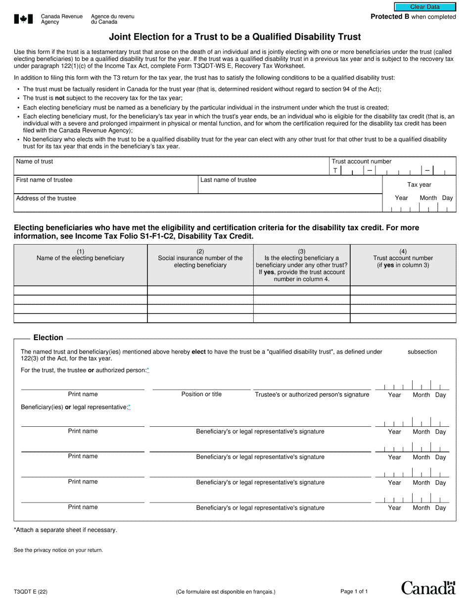 Form T3QDT Joint Election for a Trust to Be a Qualified Disability Trust - Canada, Page 1