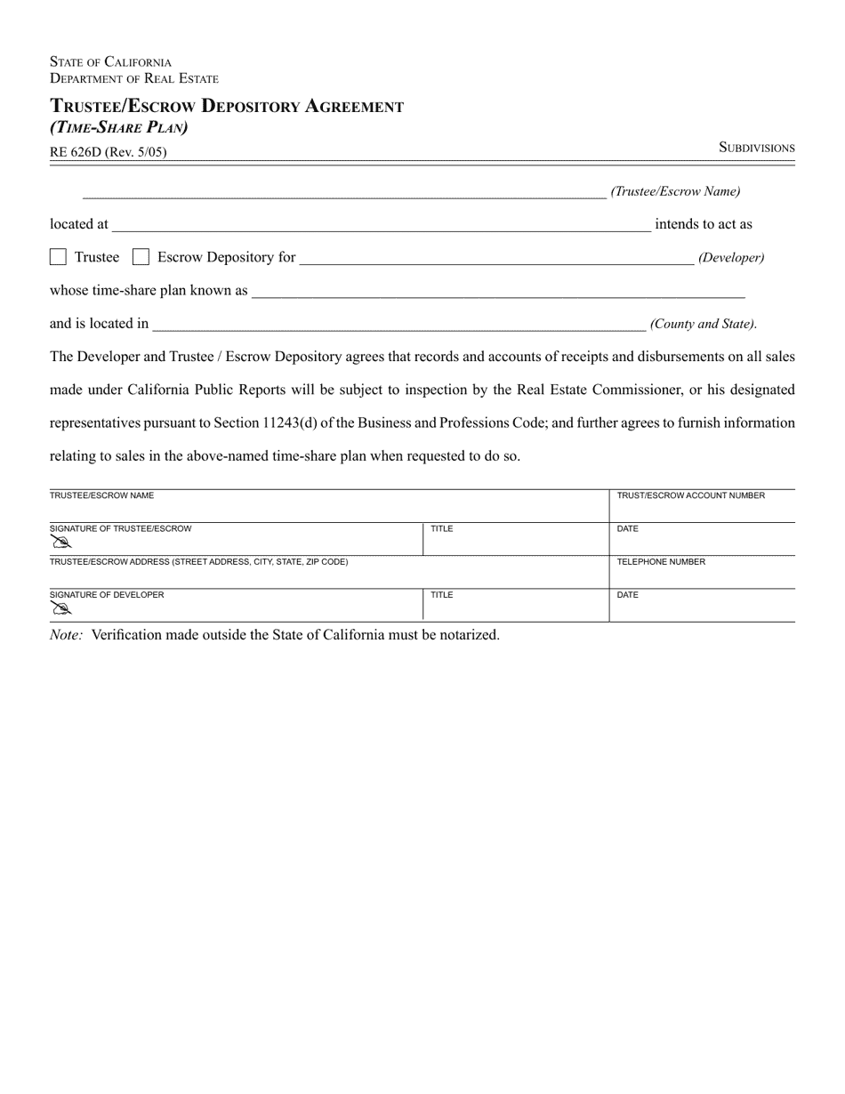 Form RE626D Trustee / Escrow Depository Agreement (Time-Share Plan) - California, Page 1