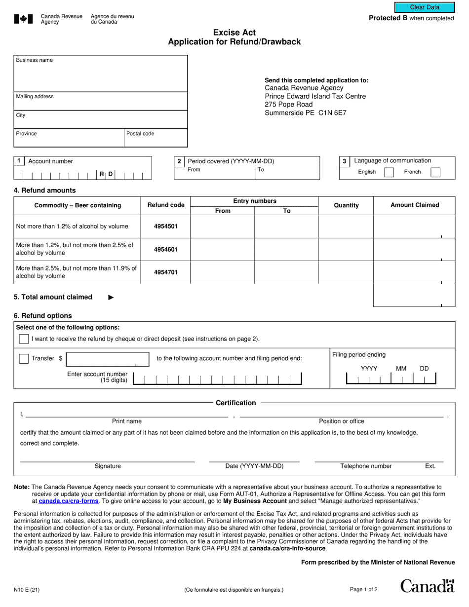 Form N10 Excise Act Application for Refund / Drawback - Canada, Page 1