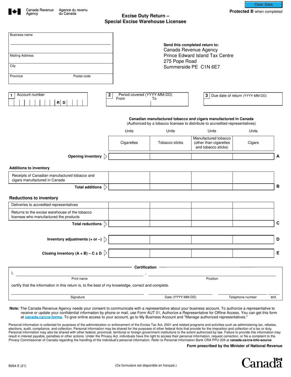 Form B264 Excise Duty Return - Special Excise Warehouse Licensee - Canada, Page 1