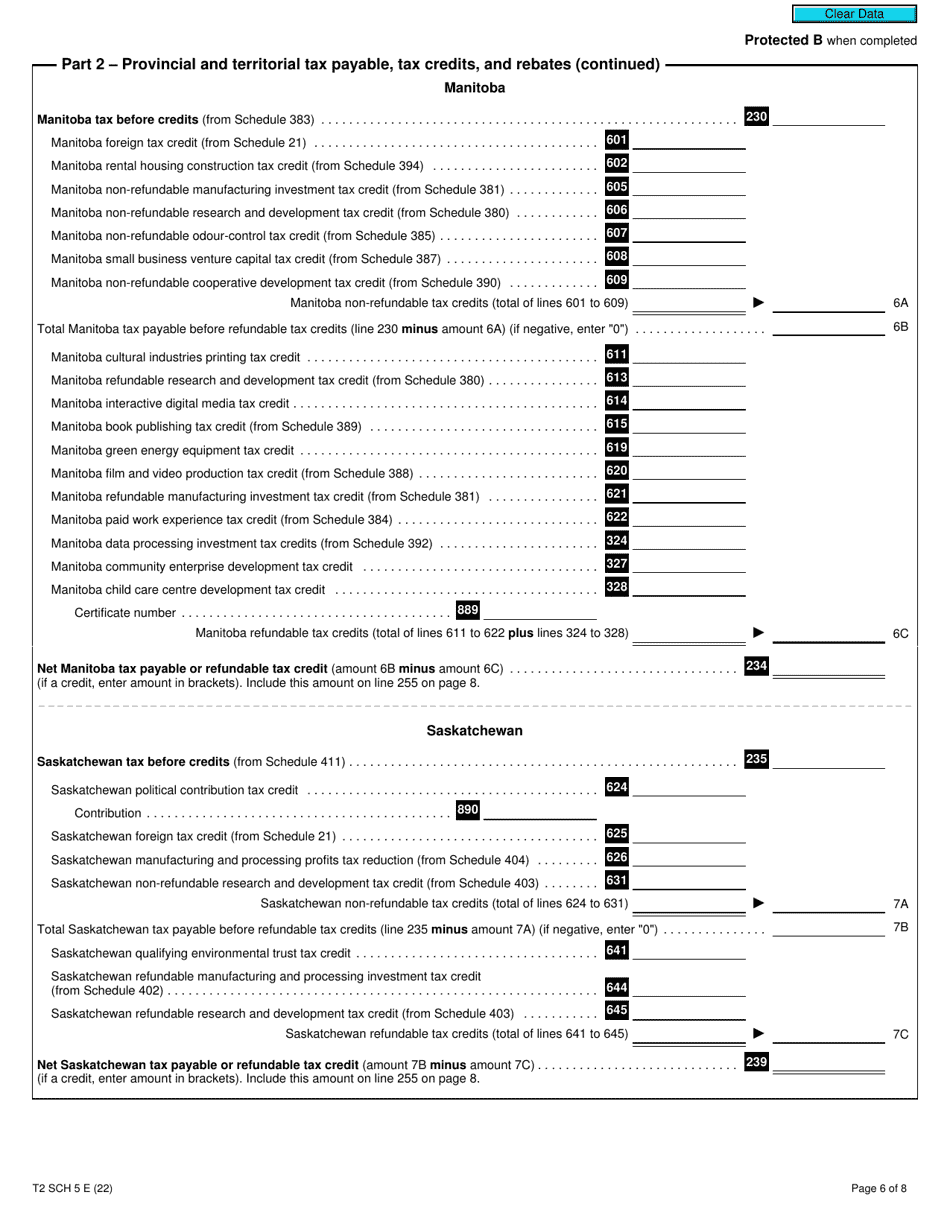 Form T2 Schedule 5 Tax Calculation Supplementary - Corporations (2022 and Later Tax Years) - Canada, Page 6