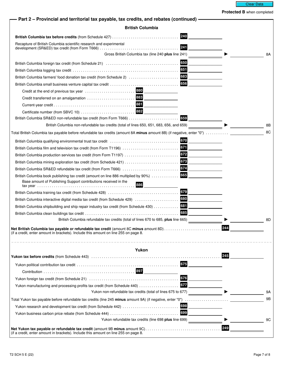Form T2 Schedule 5 Tax Calculation Supplementary - Corporations (2022 and Later Tax Years) - Canada, Page 7