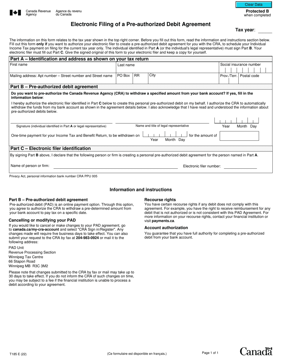 Form T185 Electronic Filing of a Pre-authorized Debit Agreement - Canada, Page 1