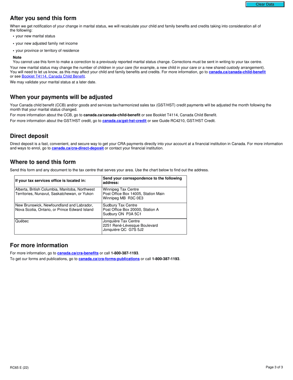 Form RC65 Marital Status Change - Canada, Page 3