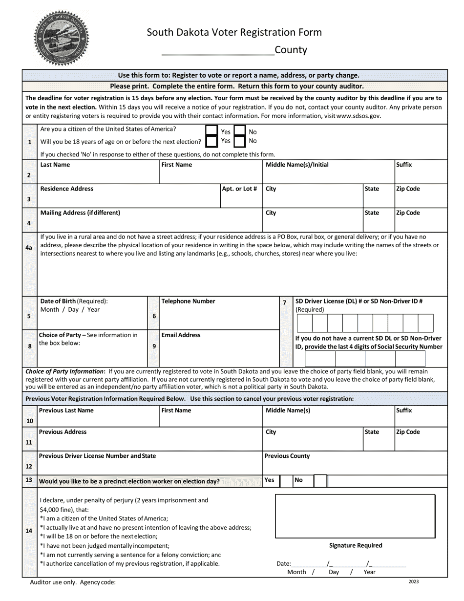 Voter Registration Form - South Dakota, Page 1