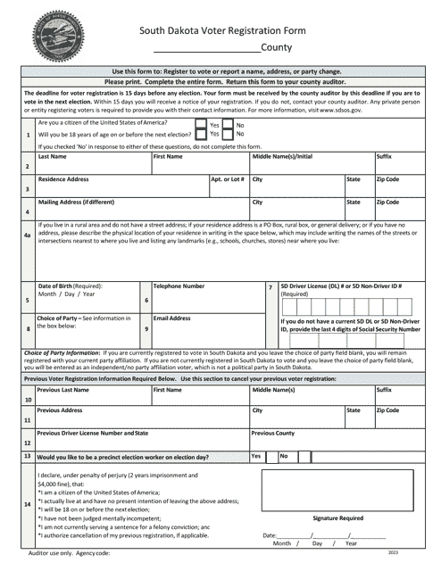 Voter Registration Form - South Dakota Download Pdf