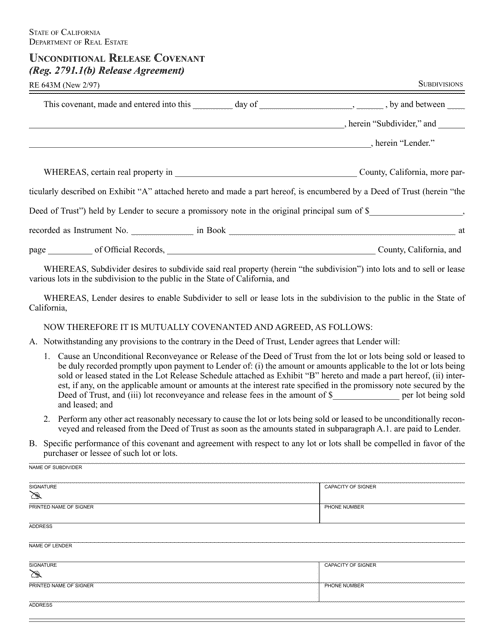 Form RE643M Unconditional Release Covenant - California