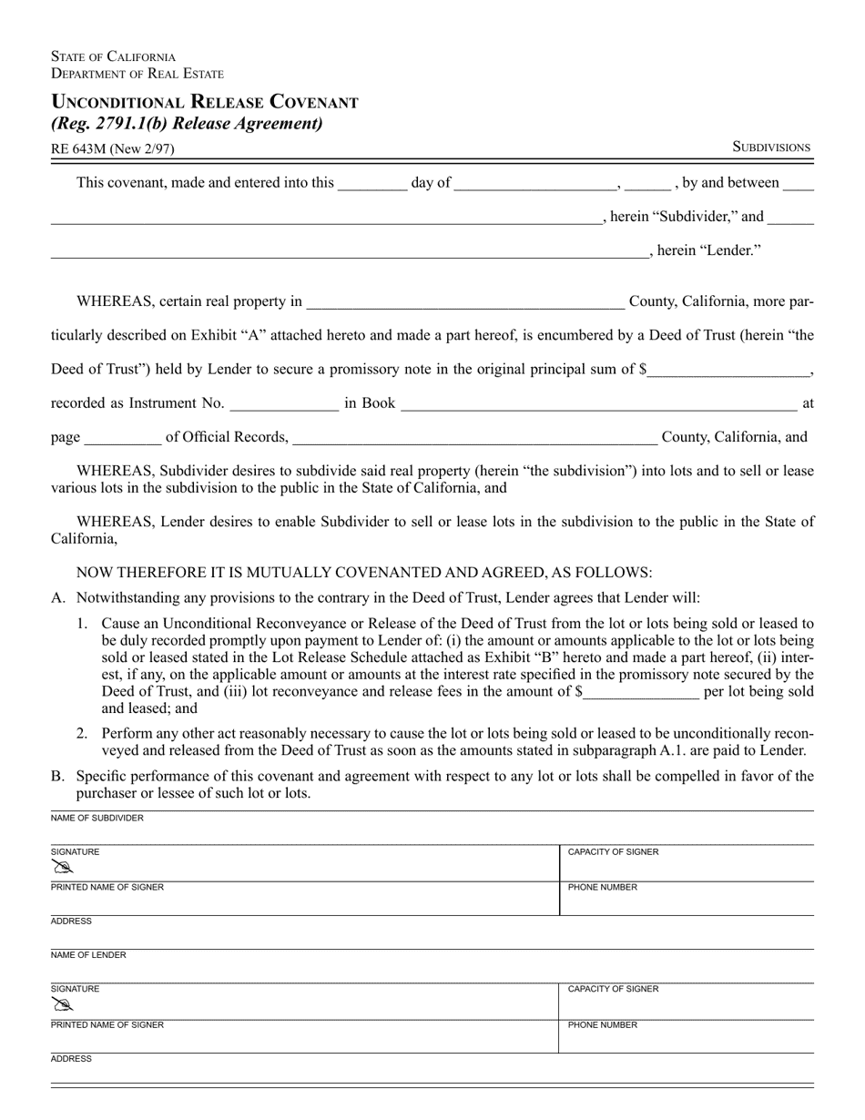 Form RE643M Unconditional Release Covenant - California, Page 1