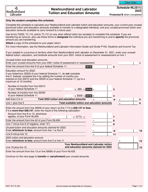 Form 5001-S11 Schedule NL(S11) 2022 Printable Pdf