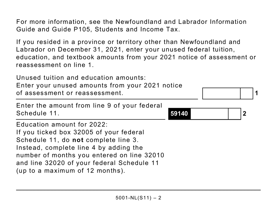 Form 5001-S11 Schedule NL(S11) Newfoundland and Labrador Tuition and Education Amounts (Large Print) - Canada, Page 2
