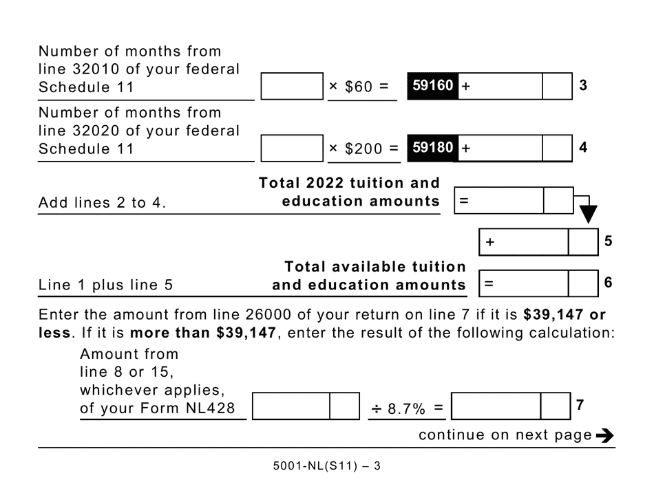Form 5001-S11 Schedule NL(S11) Newfoundland and Labrador Tuition and Education Amounts (Large Print) - Canada, Page 3
