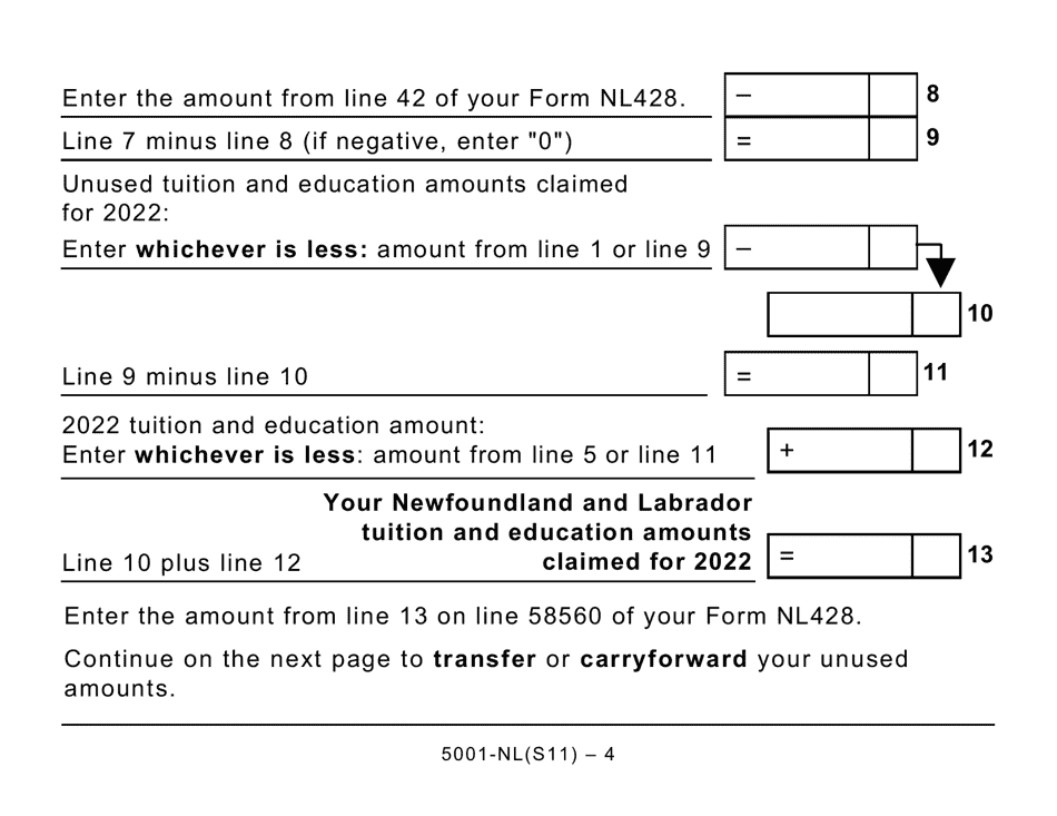 Form 5001-S11 Schedule NL(S11) Newfoundland and Labrador Tuition and Education Amounts (Large Print) - Canada, Page 4