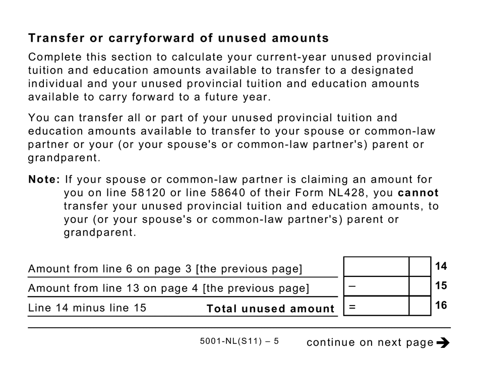 Form 5001-S11 Schedule NL(S11) Newfoundland and Labrador Tuition and Education Amounts (Large Print) - Canada, Page 5
