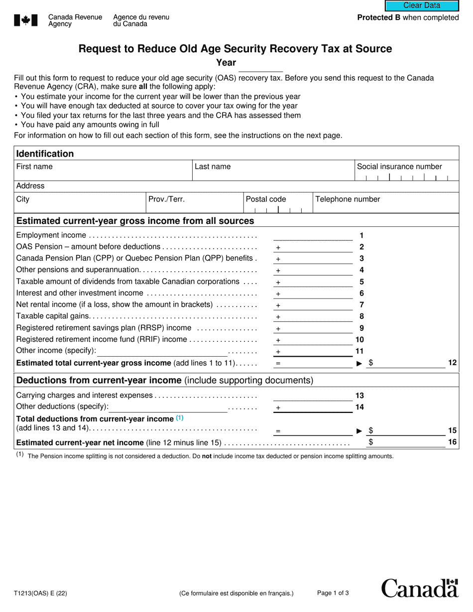Form T1213OAS Request to Reduce Old Age Security Recovery Tax at Source - Canada, Page 1