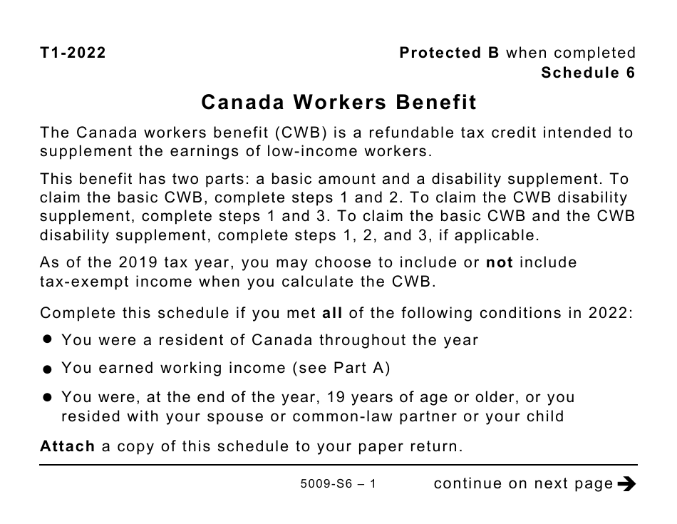 Form 5009-S6 Schedule 6 Canada Workers Benefit (For AB Only) - Large Print - Canada, Page 1