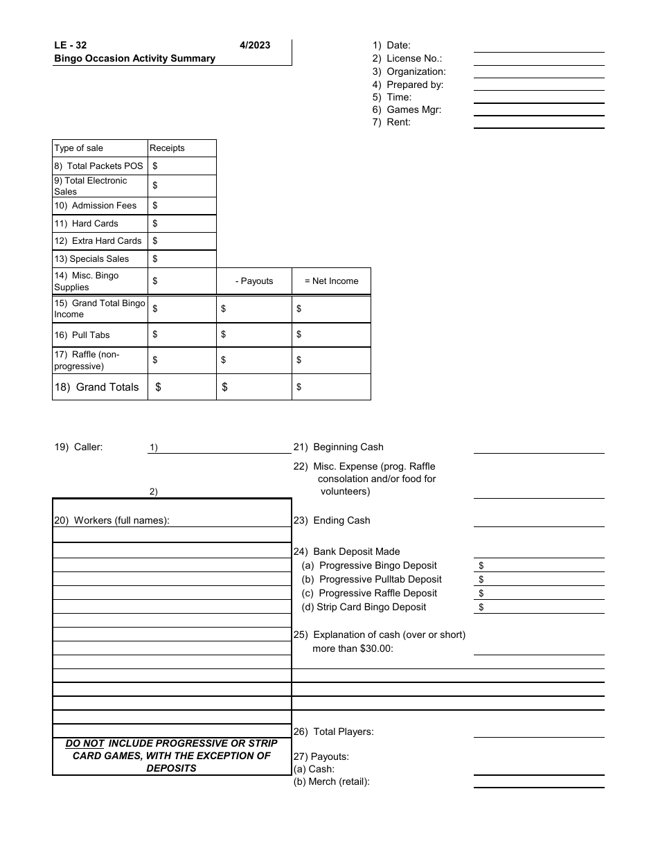 Form LE-32 Bingo Occasion Activity Summary - Colorado, Page 1